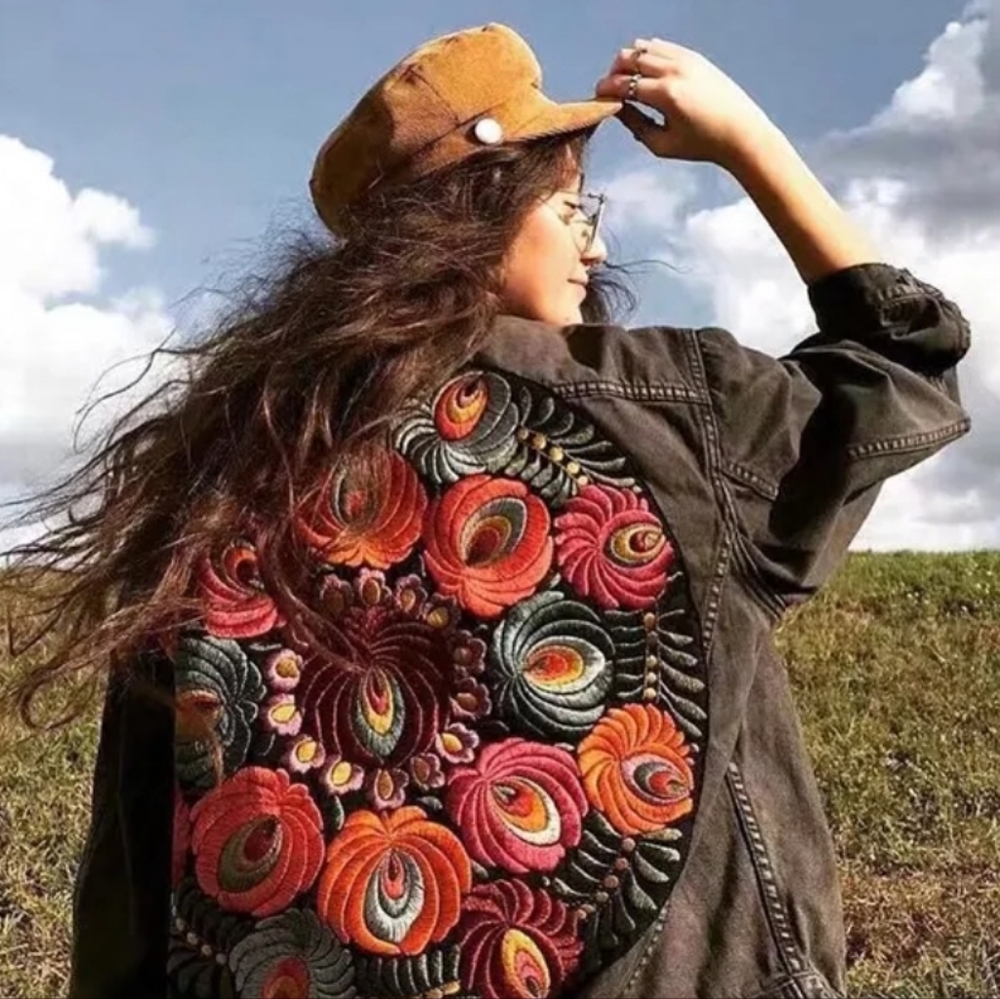 New Boho Embroidered Patch Denim Jean Jacket Oversized Coat Black - Picture 10 of 13